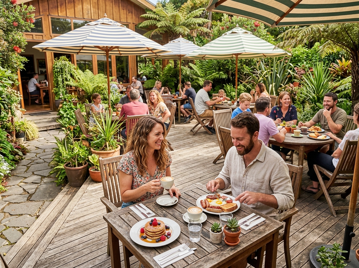 Sunny outdoor courtyard patio and garden seating at Whispers Cafe Levin with wooden tables and umbrellas