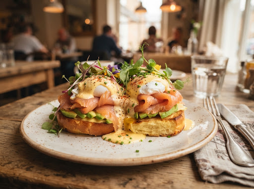 Signature Eggs Benedict on spinach and feta muffin with homemade hollandaise