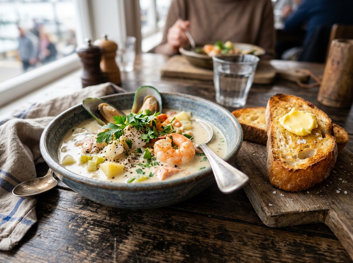 Creamy New Zealand seafood chowder served with warm garlic ciabatta