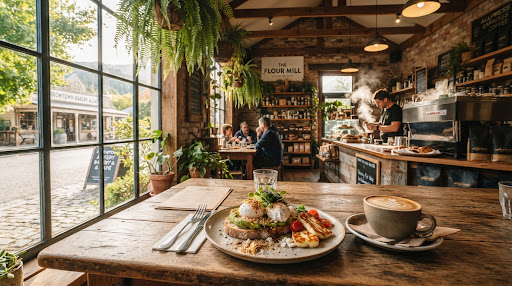 Sunlit cozy interior of Whispers Cafe Levin with warm wooden tables and patrons laughing over flat whites